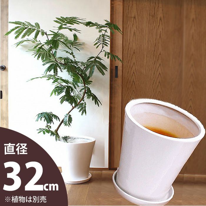 陶器の受皿付き！シンプルで使いやすい陶器鉢（32cm)【送料無料（同梱