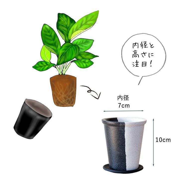白黒モダン石の質感の植木鉢｜2～2.5号サイズ植物の植替えに適応