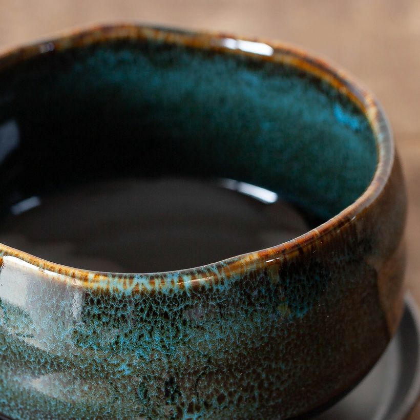 【美品】長方形 陶器 茶色と青のグラデーション　工芸品　陶芸　植木鉢　豆盆栽 美濃焼の植木鉢｜松、桜が良く似合う抹茶碗ベースのミニ盆栽鉢