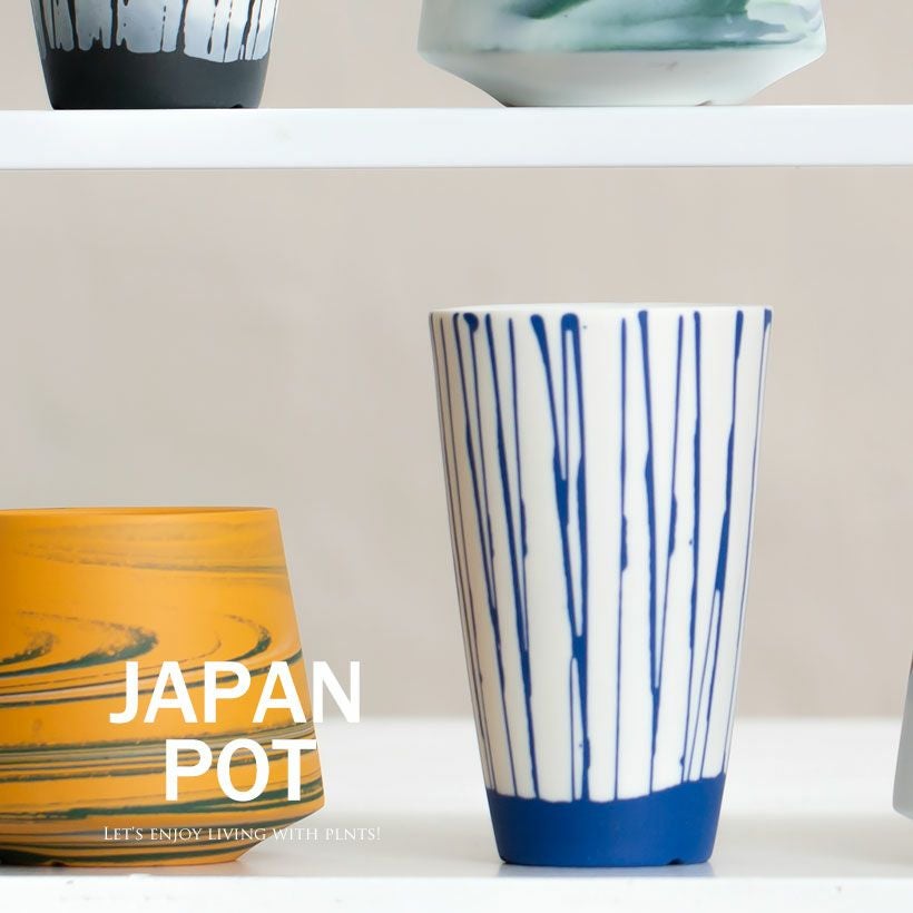 青（ブルー）白のストライプ縦長の陶器鉢。観葉植物の植え替えに